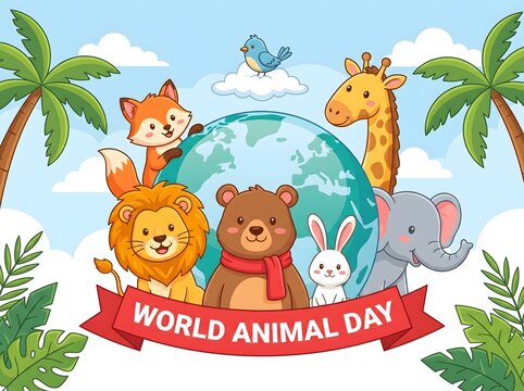 Whimsical cartoon animals joyfully celebrating World Animal Day under a bright blue sky with a globe and tropical palm trees