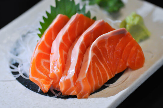 sashimi or salmon sashimi or raw salmon,  sliced salmon