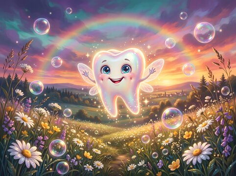 Whimsical Glowing Tooth Fairy Floating Over Magical Sunset Meadow with Sparkling Bubbles and Wildflowers