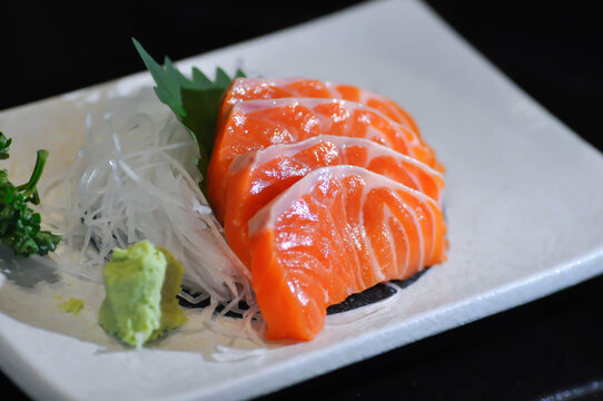 sashimi or salmon sashimi or raw salmon,  sliced salmon
