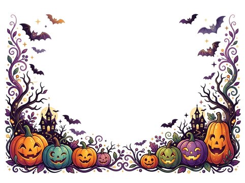 Whimsical Halloween Border Featuring Colorful Jack-O'-Lanterns, Bats, and Gothic Silhouettes in Vibrant Autumnal Art Style