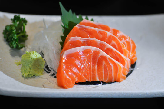 sashimi or salmon sashimi or raw salmon,  sliced salmon