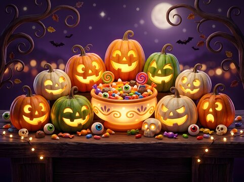 Whimsical Halloween Display Featuring Carved Jack-O'-Lanterns, Glowing Candies, and Spooky Decor Under a Mystical Moonlit Sky