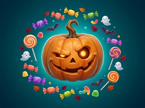 Whimsical Halloween Jack-O'-Lantern Surrounded by Colorful Candy, Ghosts, and Playful Bats in Vibrant Digital Illustration
