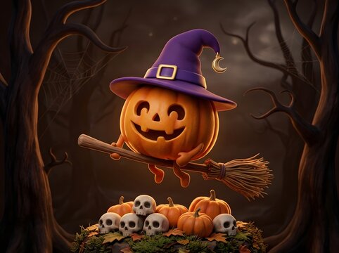 Whimsical Halloween Jack-O'-Lantern Witch Floating Over Spooky Autumn Decor with Skulls and Pumpkins in Dark Forest Glow