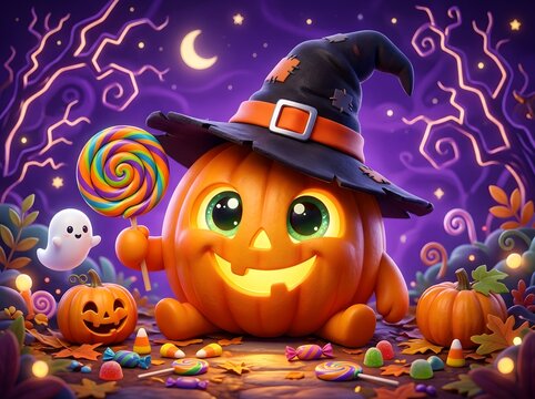 Whimsical Halloween Jack-O'-Lantern Witch Mascot with Colorful Candy Lollipop in Magical Purple Nighttime Scene