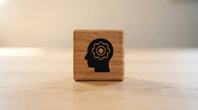 Brain icon printed on a wooden cube block