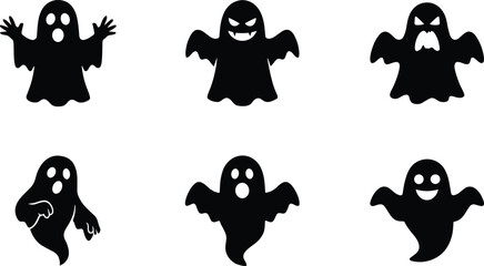 Obraz premium Black silhouette set of halloween ghosts with various facial expressions and floating body shapes spirit