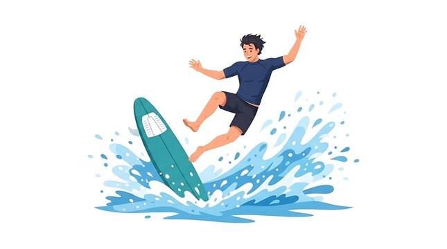 Modern Flat vector illustration of a male surfer jumping off his surfboard after finishing a wave ride, water splashing around him, dynamic movement.