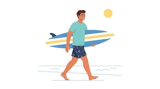 Modern Flat vector illustration of a male surfer carrying a surfboard under his arm while walking toward the beach.