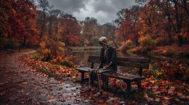 Melancholic skeleton in a dark cloak sitting alone on a wooden bench in a wet autumn park with colorful foliage and fallen leaves 