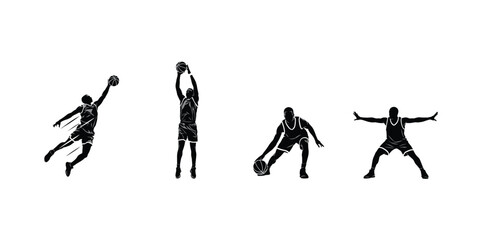 Black silhouettes of basketball players in action poses, including dunking, shooting, dribbling, and guarding © Sabina