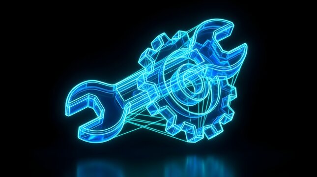 Abstract 3D Blue Neon Wireframe Illustration of a Wrench Intersecting with a Mechanical Gear on a Black Background, Representing Digital Maintenance, Engineering Technology, and Cyber Industry Concept