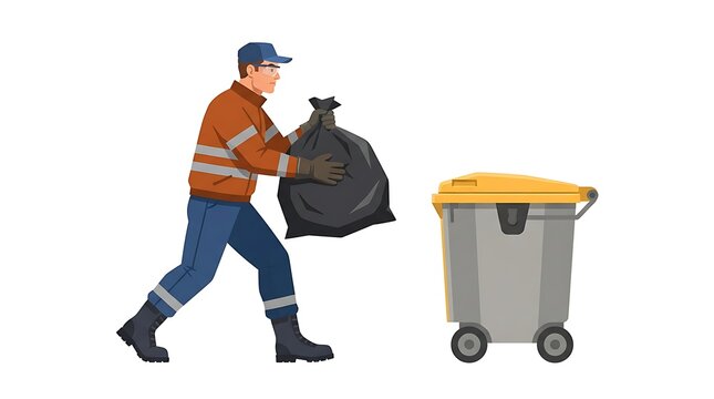 Modern Flat vector illustration of a sanitation worker carrying a heavy garbage bag toward a collection cart.