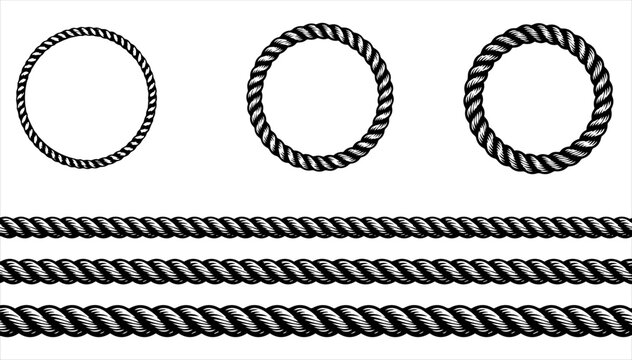 Set of twisted rope circles and horizontal rope sections in black ink style with nautical rope pattern graphic elements design assets marine rope textile bord
