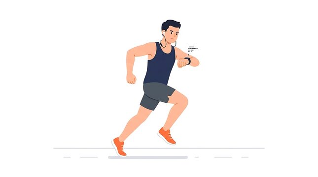 Modern Flat vector illustration of a male runner checking his smartwatch while jogging, wearing athletic clothing and wireless headphones.