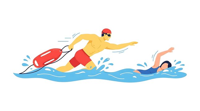 Modern Flat vector illustration of a lifeguard pulling a rescue buoy through the water while approaching a swimmer who needs assistance.
