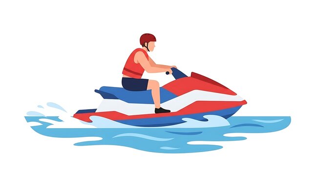 Modern Flat vector illustration of a lifeguard riding a rescue jet ski across the ocean, wearing a safety vest and helmet.