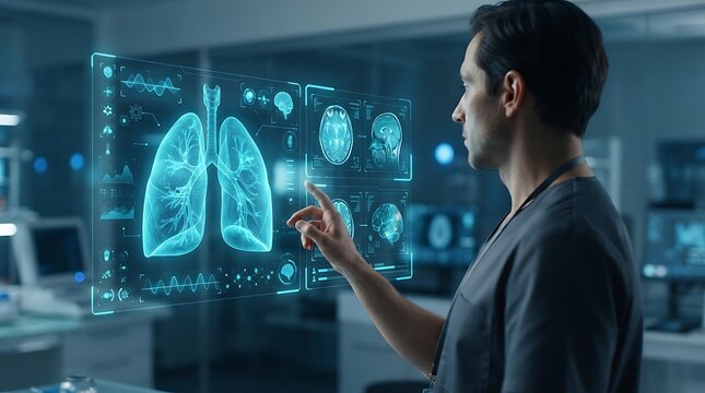 Medical professional interacting with a futuristic holographic display, showcasing digital human lungs and vital signs. Innovative healthcare technology, advanced diagnostic tools