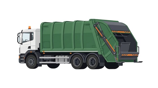 Modern Flat vector illustration of a garbage collection truck with a large rear waste compartment and lifting mechanism, recognizable sanitation vehicle design.