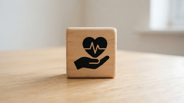 Wooden block with heart and hand icon