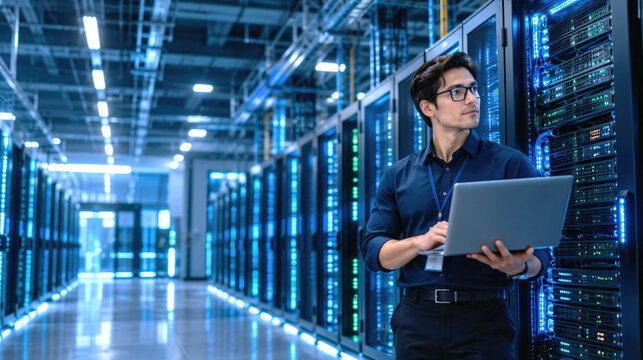 Young male engineer with laptop standing in data center aisle surrounded by server racks and blue LED lights, focused and professional