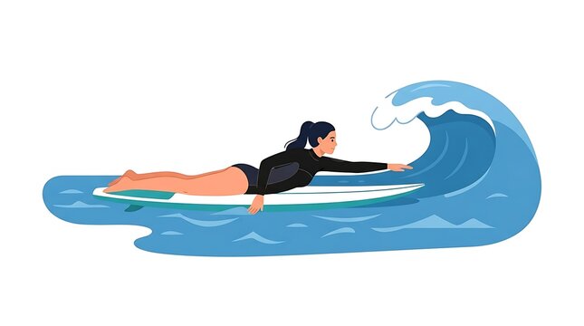 Modern Flat vector illustration of a female surfer paddling toward a wave while lying on her surfboard, wearing a wetsuit.