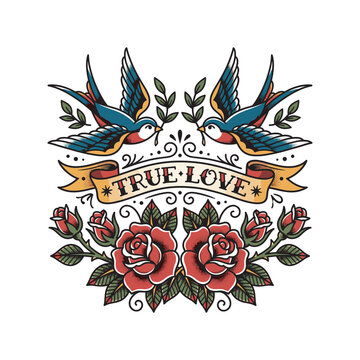 Vintage tattoo design featuring two blue swallows carrying olive branches above a ribbon, surrounded by symmetrical red roses, leaves, ornamental curls, and classic traditional details