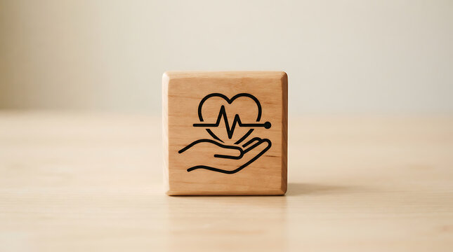 Heart icon printed on a wooden block
