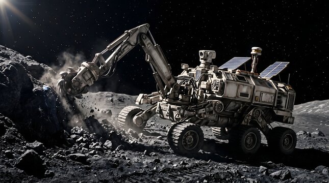 A futuristic robotic vehicle equipped with a mechanical arm extracts minerals from the Moon's surface; a concept for space exploration. AI generated.