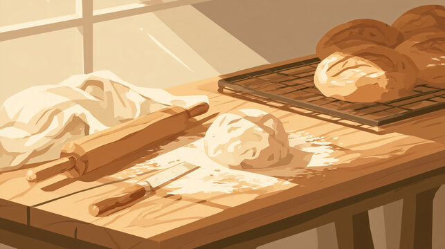 Cheerful flat vector illustration of small bakery workshop scene, wooden workbench, rolling pin, dough ball, bread scoring tool, linen cloth, freshly baked loaves cooling, cozy artisan atmosphere