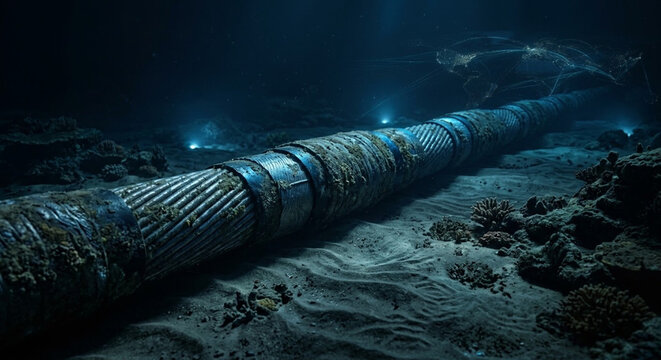 Undersea cable submarine internet global network infrastructure on the deep ocean floor with digital data connections and world map background