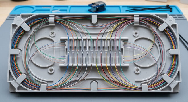 Fiber optic fusion splicing tray with colorful optical cables for high-speed telecommunications and data network infrastructure.