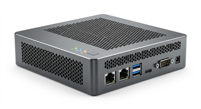 Mini PC Industrial Desktop Computer with dual LAN ports, USB-C, and serial connectivity. Small form factor embedded workstation for professional office and automation.