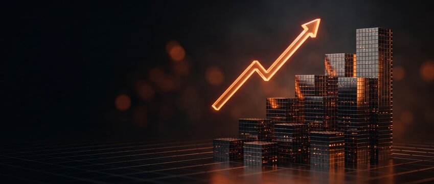Dark data cubes stack upward beside a glowing orange growth arrow chart