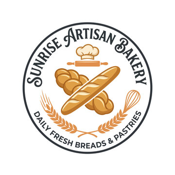 This logo for a bakery features fresh breads and pastries, emphasizing quality baking and artisanal techniques that delight the senses and invite customers into a warm atmosphere.