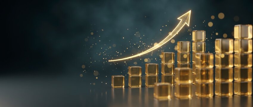 Golden glass cubes stack upward beneath a glowing golden growth arrow chart