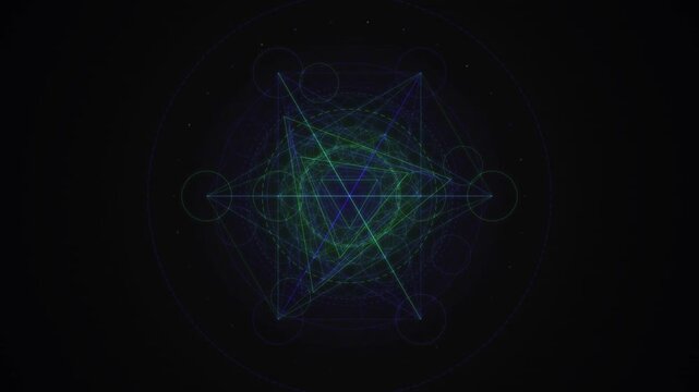 Intricately overlapping geometric lines create a looping abstract star formation on a dark background.