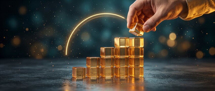 A hand places a golden cube atop a glowing growth chart stack of blocks