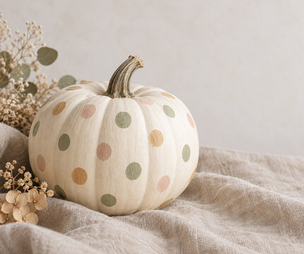 Pastel Polka Dot Pumpkin on Natural Linen