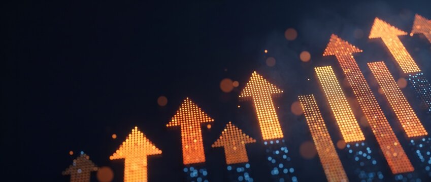 Defocused golden arrows rise in a glowing growth chart pattern at night