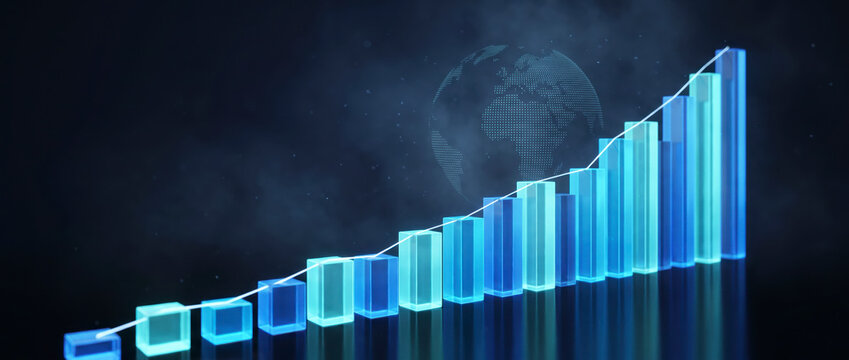 Teal glass growth bars rise beside a glowing digital globe chart at night