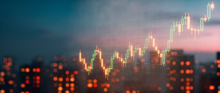 A glowing candlestick stock chart climbs above a blurred night city skyline