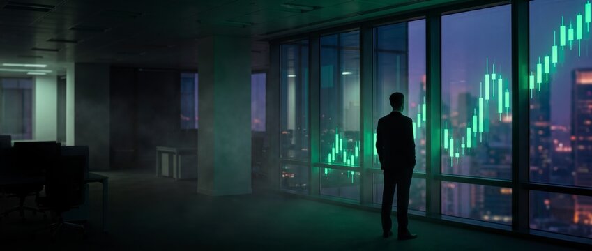 A businessman watches a glowing stock chart through dark office windows
