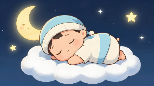 Cute vector illustration of a baby sleeping on a fluffy white cloud at night. Whimsical nursery background with a smiling crescent moon and glowing stars.