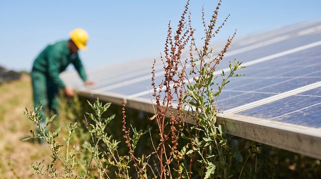 Solar farm worker in hard hat and green uniform maintaining photovoltaic panels under blue sky, renewable energy, clean power, sustainable technology, and green jobs.