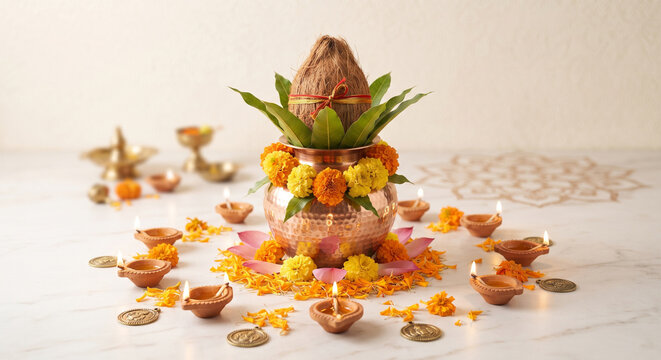 Diwali Puja Decoration with Lotus Flowers, Coconut Kalash, Brass Puja Thali and Lit Diyas Surrounded by Marigold Petals on Marble with Bokeh Lights