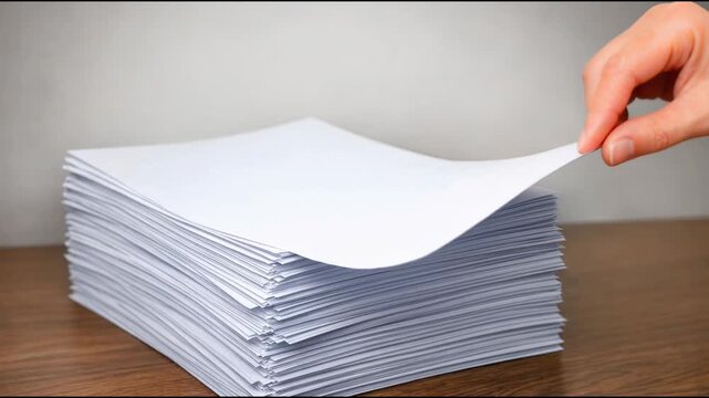 A person conceals a piece of paper among a stack of papers