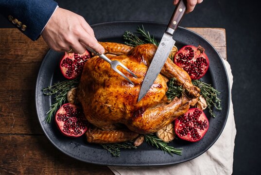 Man carving a whole roasted Thanksgiving turkey garnished with pomegranates and fresh herbs on a serving platter