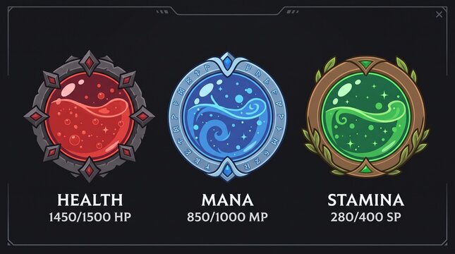 Fantasy game health mana stamina orbs with copy space for UI design and app graphics